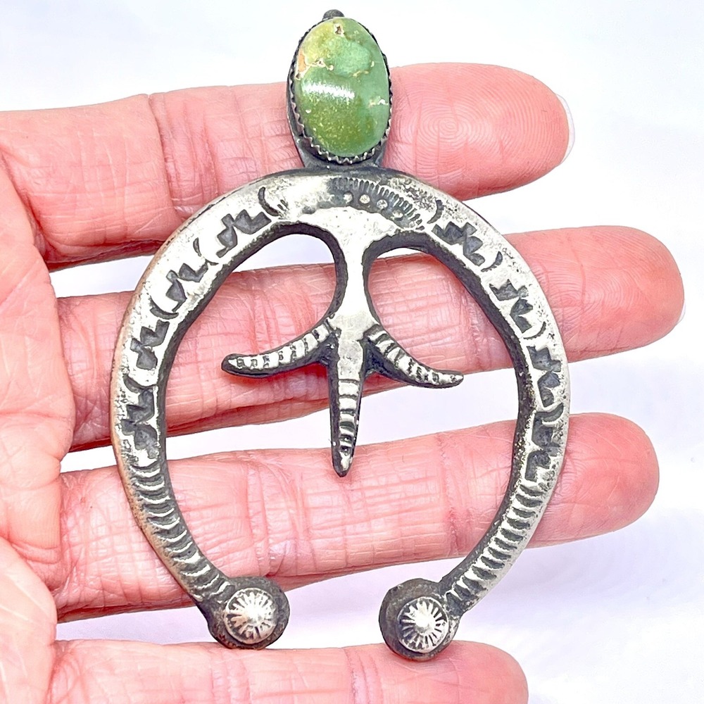 Navajo Naja Pendant Royston Turquoise 3in Sterling Squash Signed Matte Pearls‎